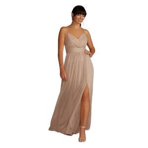 David's Bridal Spaghetti Strap Ruched Waist Mesh Dress Biscotti Size 2 Gown